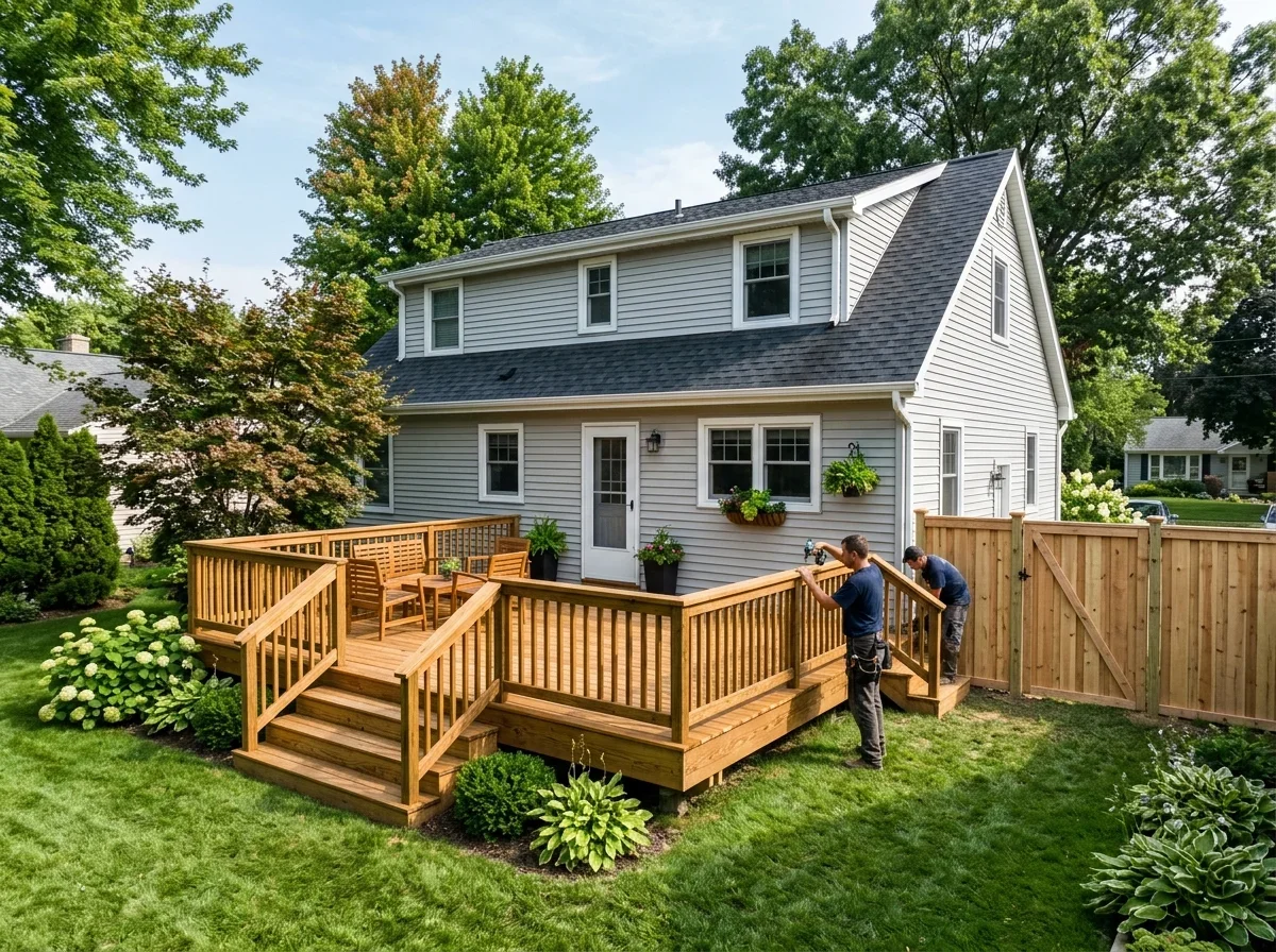 Home exterior with a wooden deck and fence