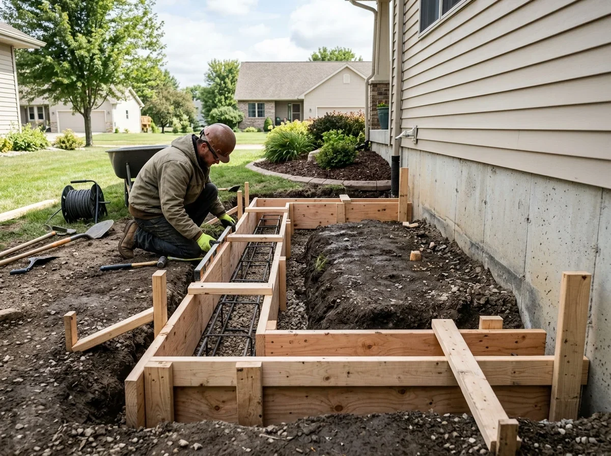 Footing trench with wooden forms beside a house