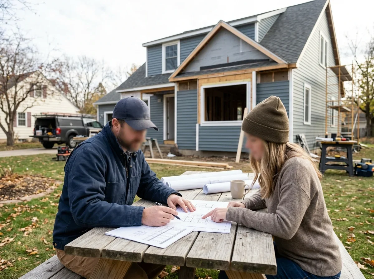 Contractor and homeowner reviewing paperwork beside a house