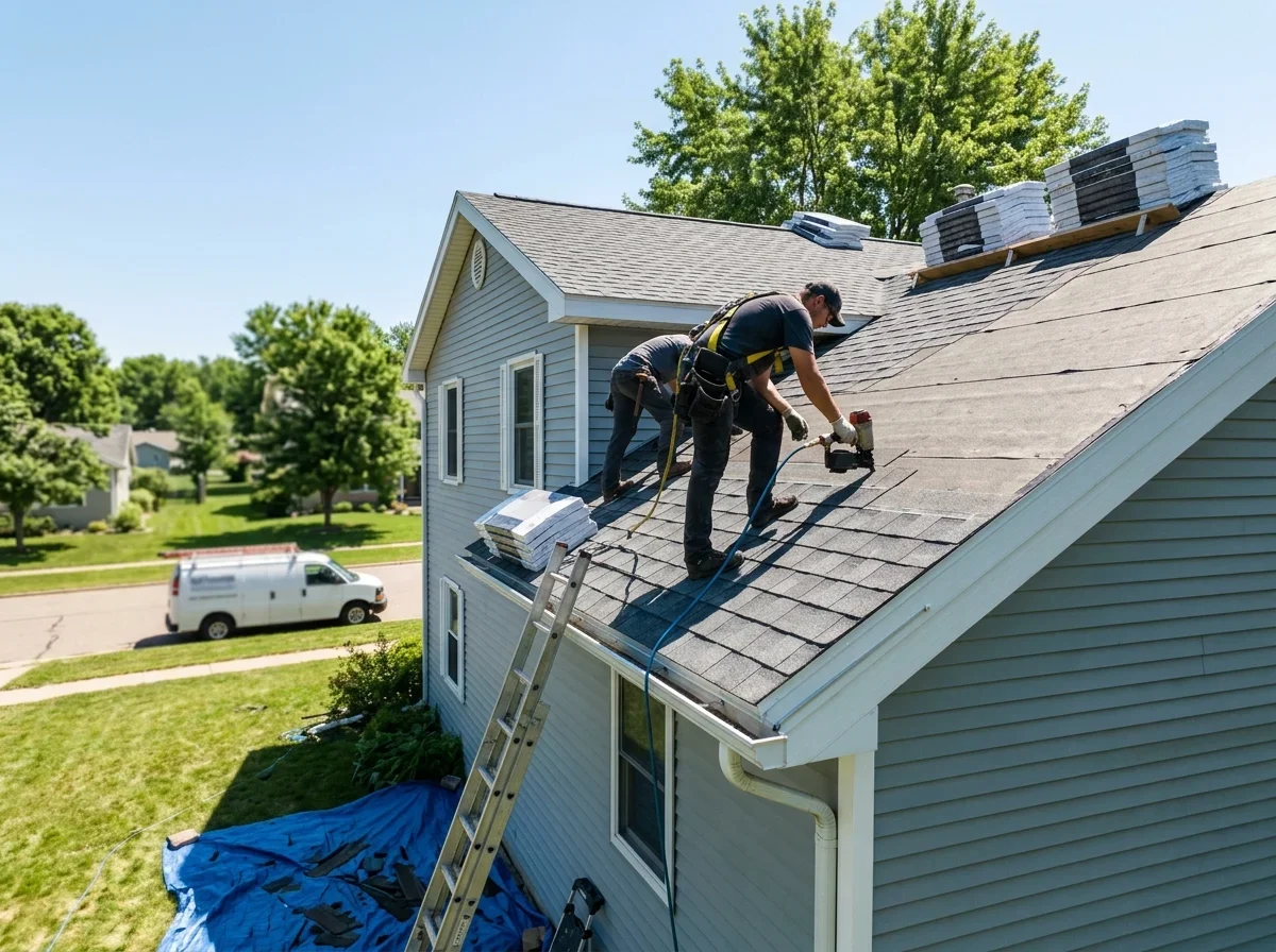 Crew re-shingling a residential roof