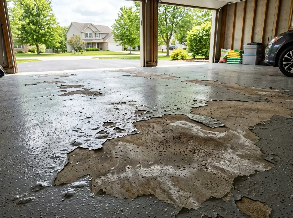 Garage floor with peeling, blistered coating