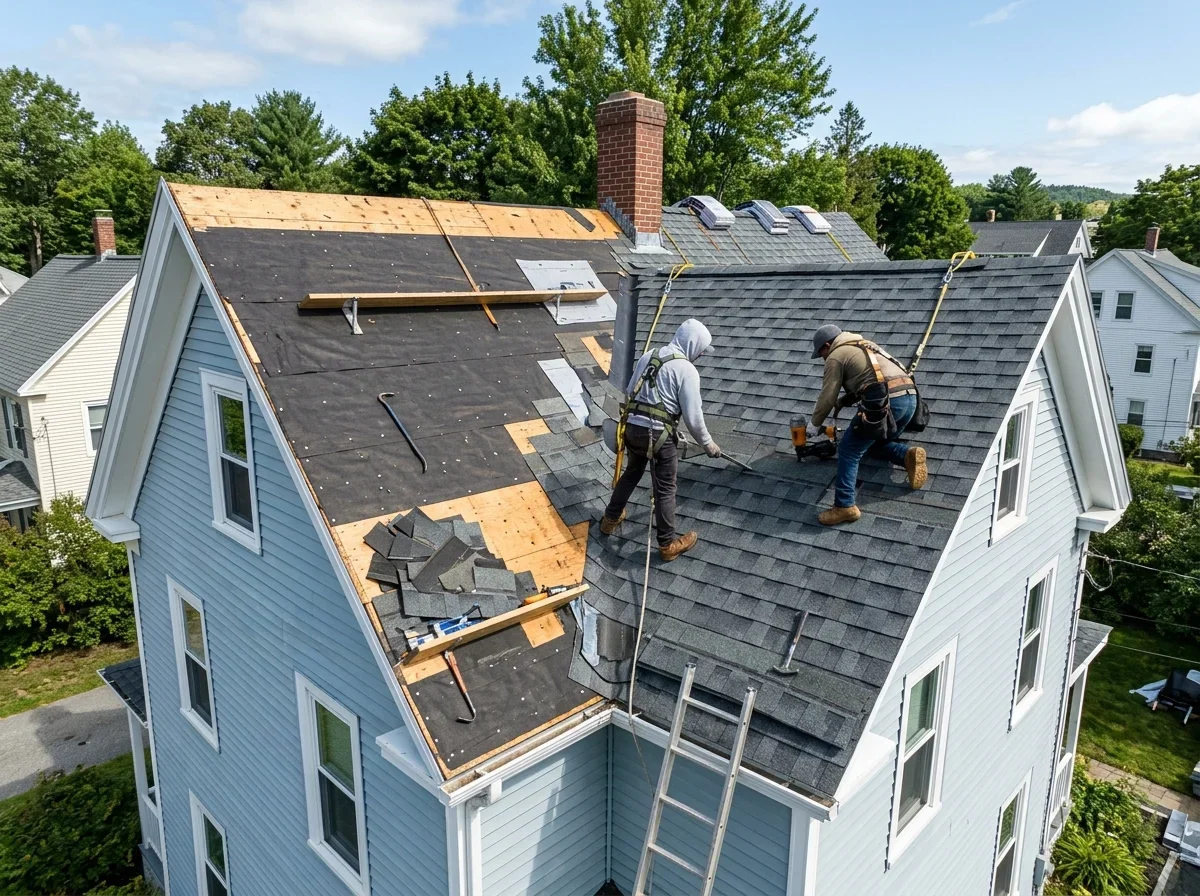 House roof partly stripped of old shingles