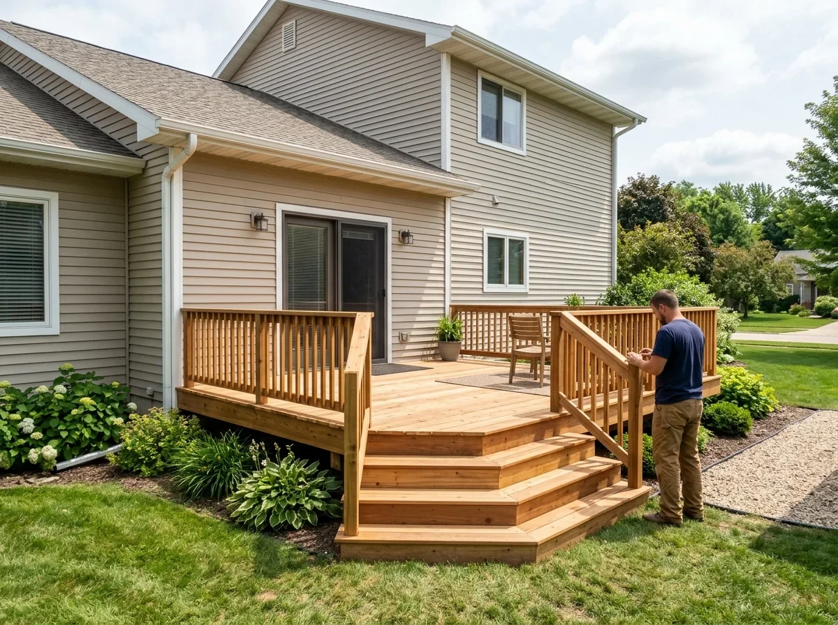 New wooden deck beside a house