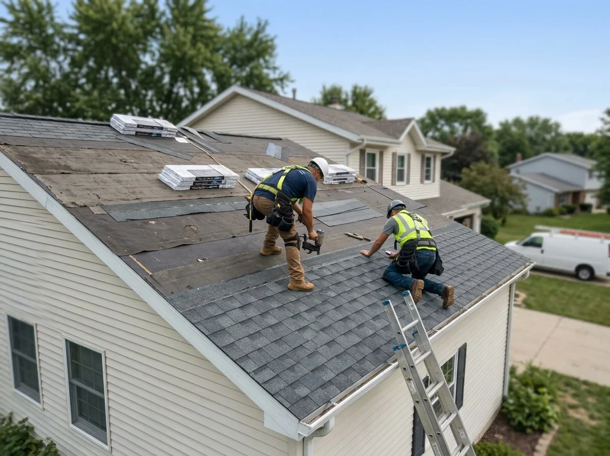 New shingles being installed on a house roof