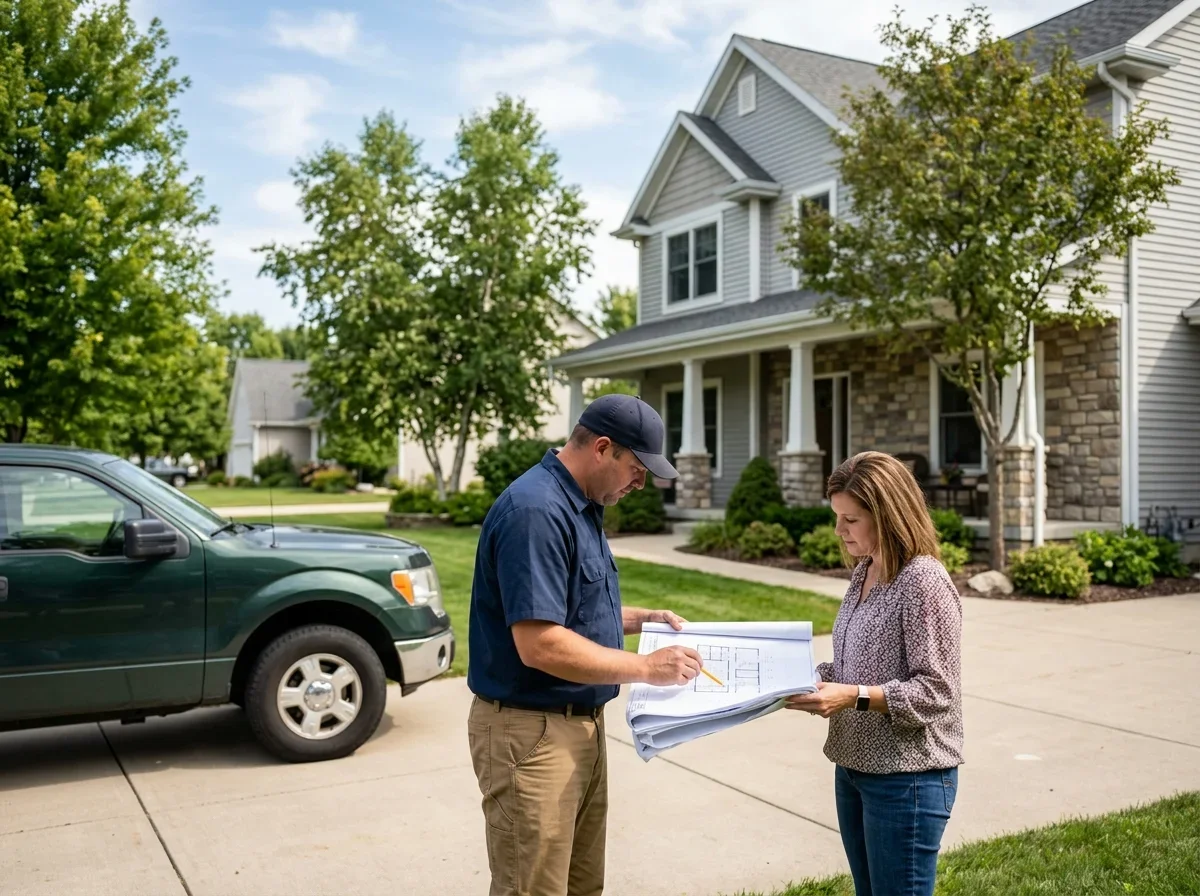 Contractor and homeowner reviewing plans outside a house