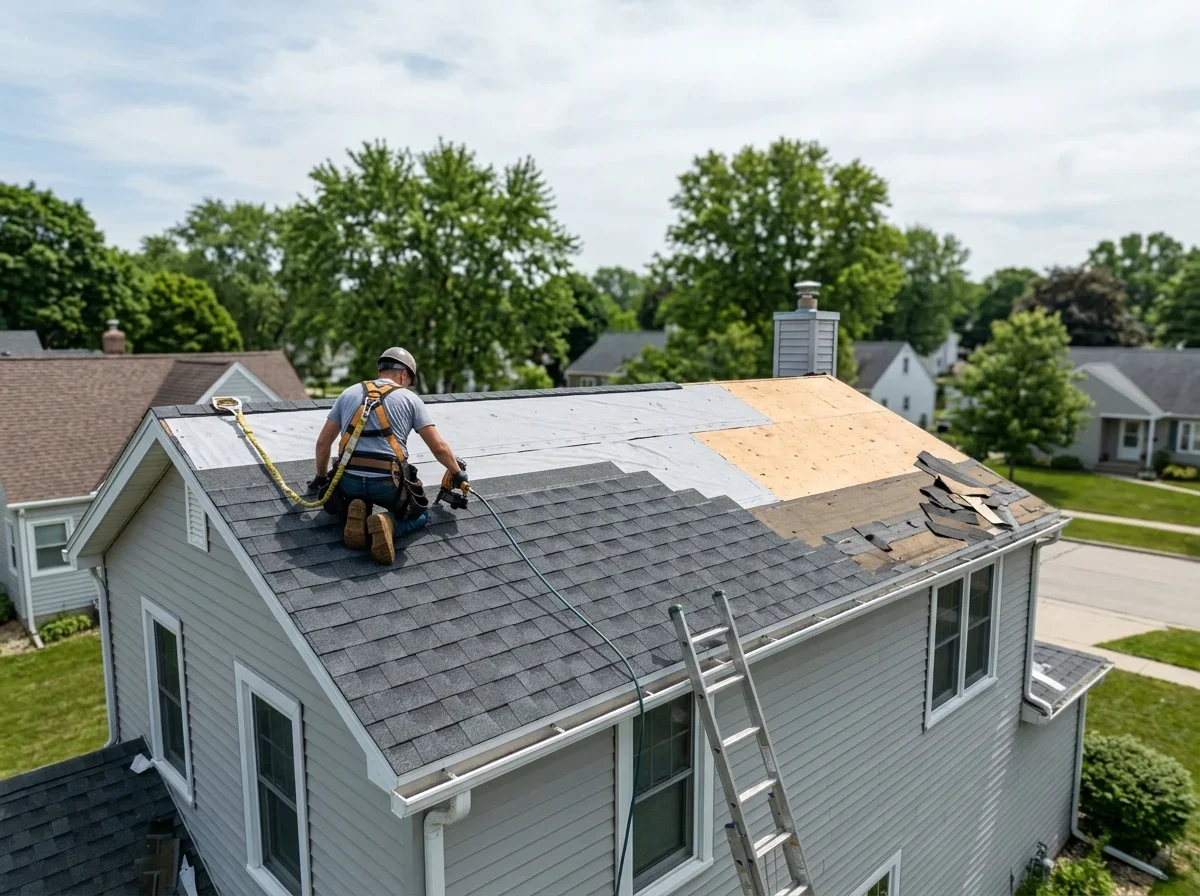 Worker replacing shingles on a house roof