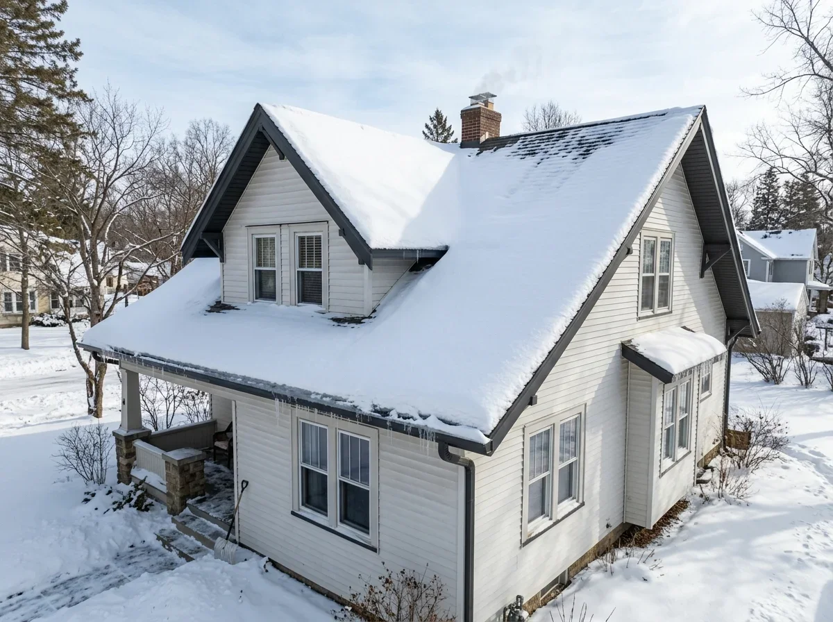 Snow-covered roof with gutter along the eave