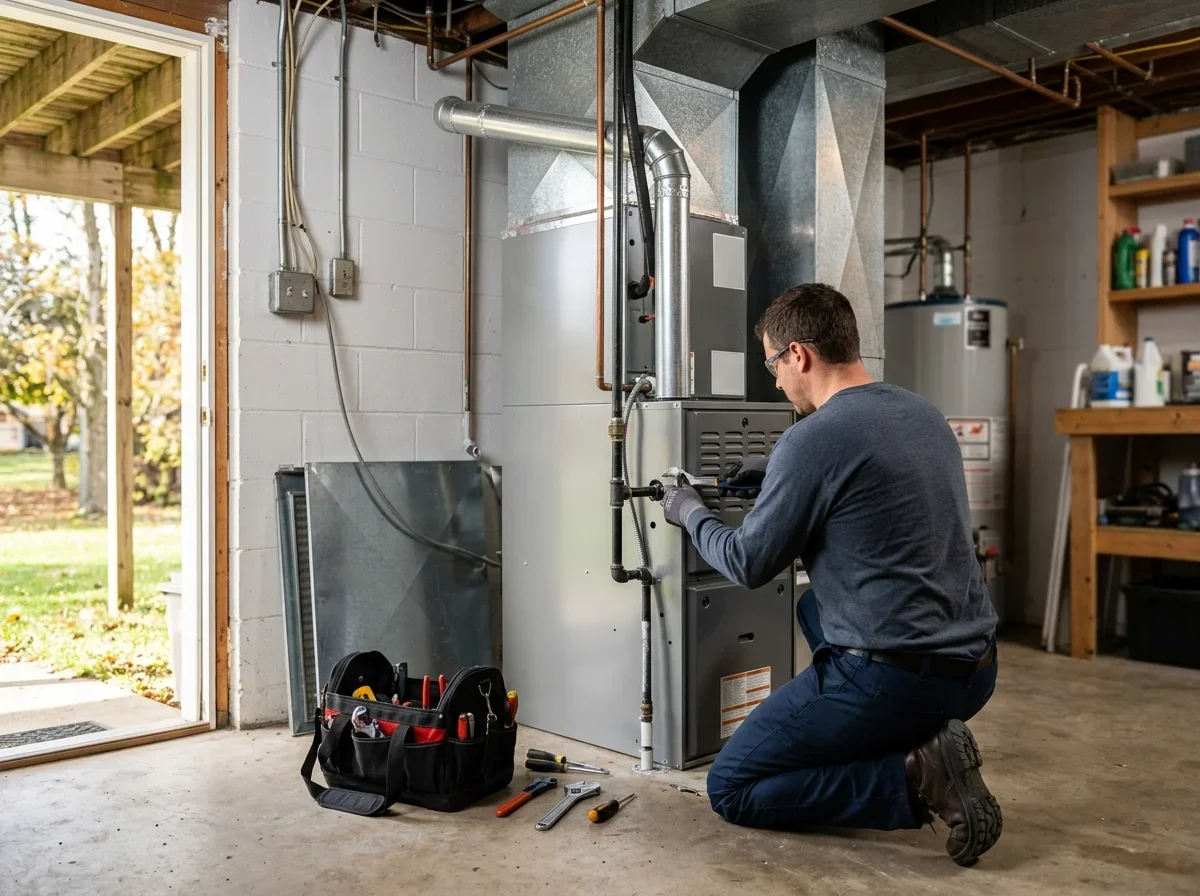 Technician installing a furnace in a utility room