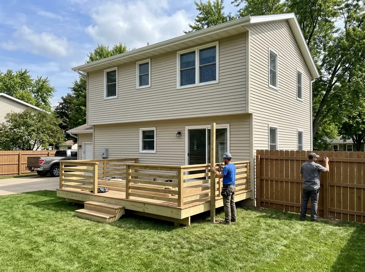 Home exterior with a wood deck and fence