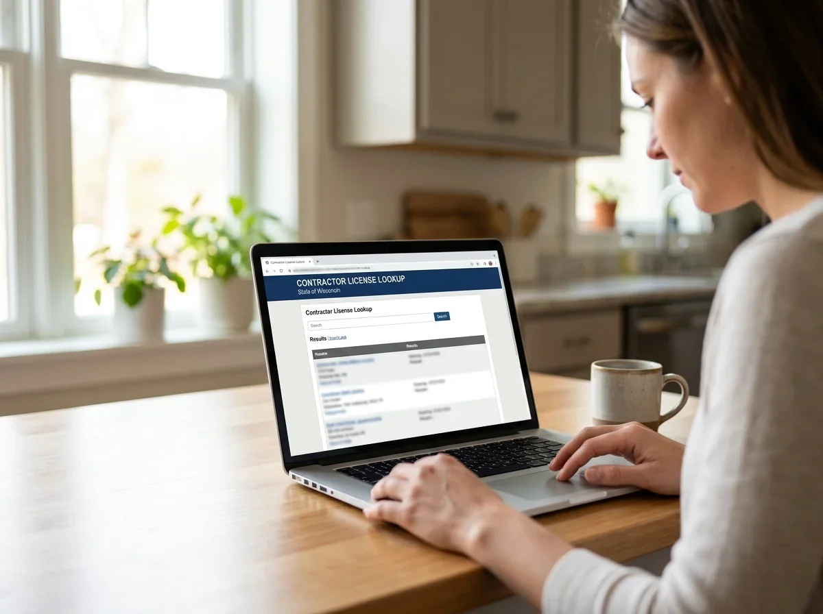 Homeowner searching on a laptop at a kitchen table