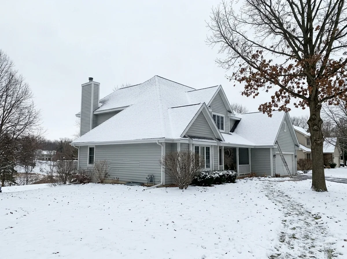 Snow resting on a pitched house roof