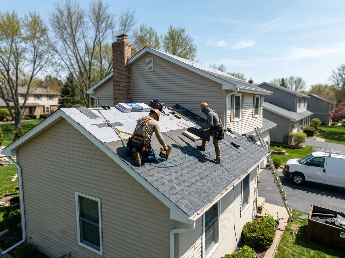 Roof replacement underway on a house