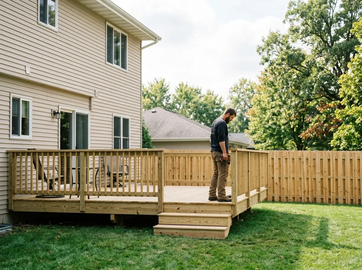 Backyard wooden deck and fence beside a house
