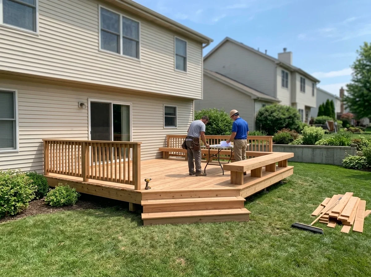 Finished wood deck attached to a house