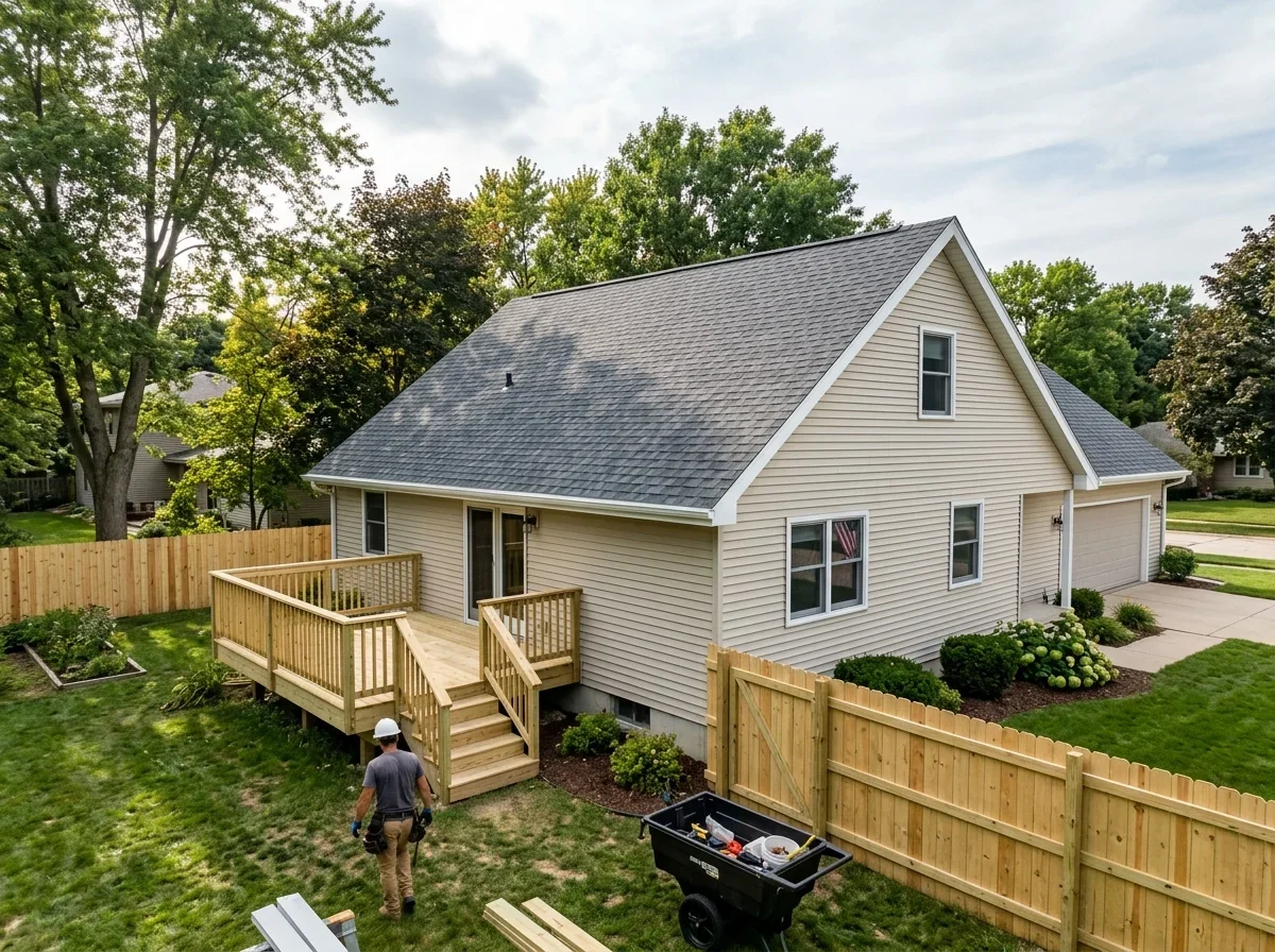 Home exterior with new roof, deck and fence