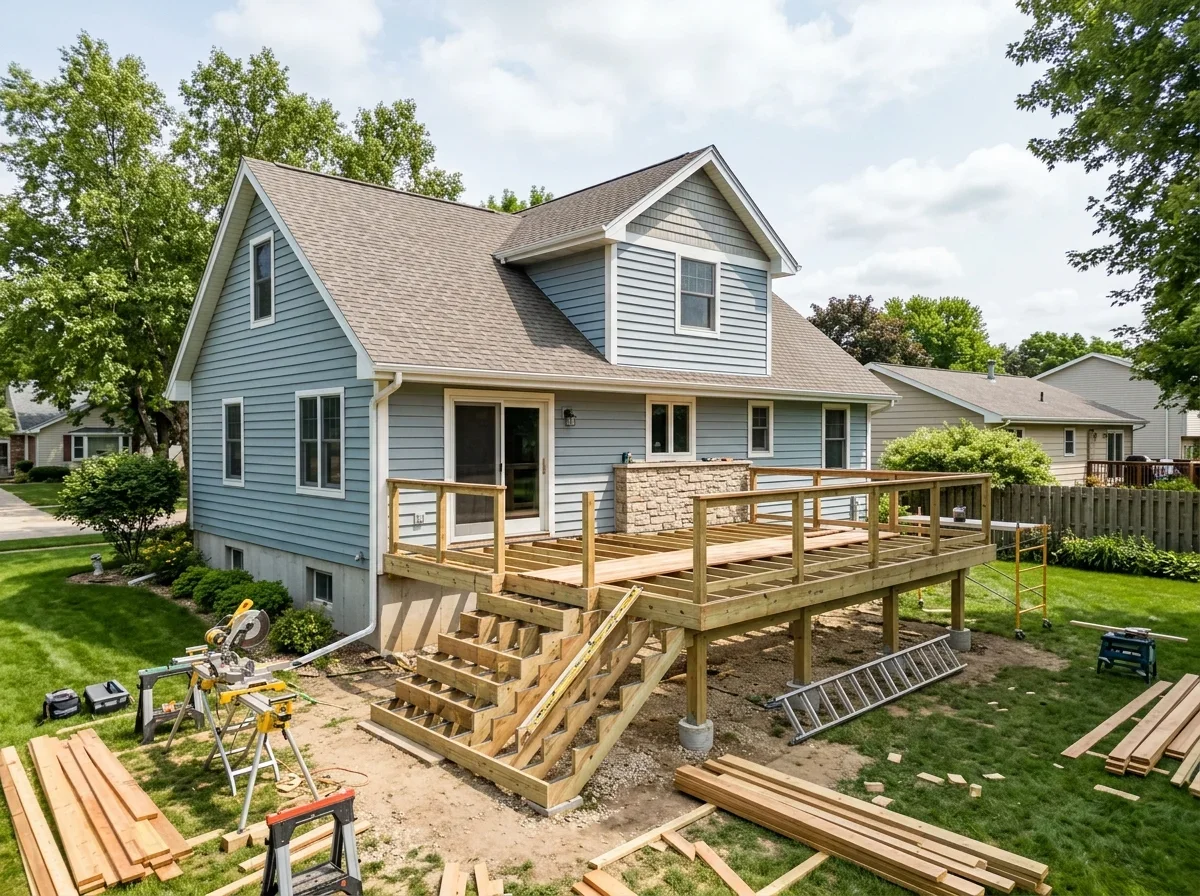 Home exterior with a deck under construction