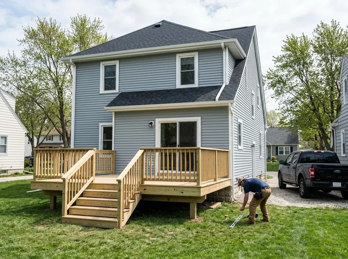 House exterior with shingled roof and wooden deck