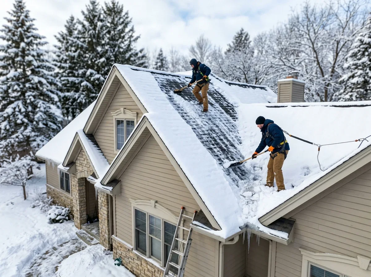 Snow-covered pitched roof on a house in winter