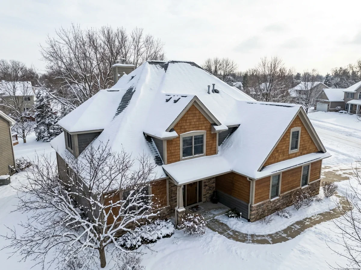 Snow-covered pitched roof on a house