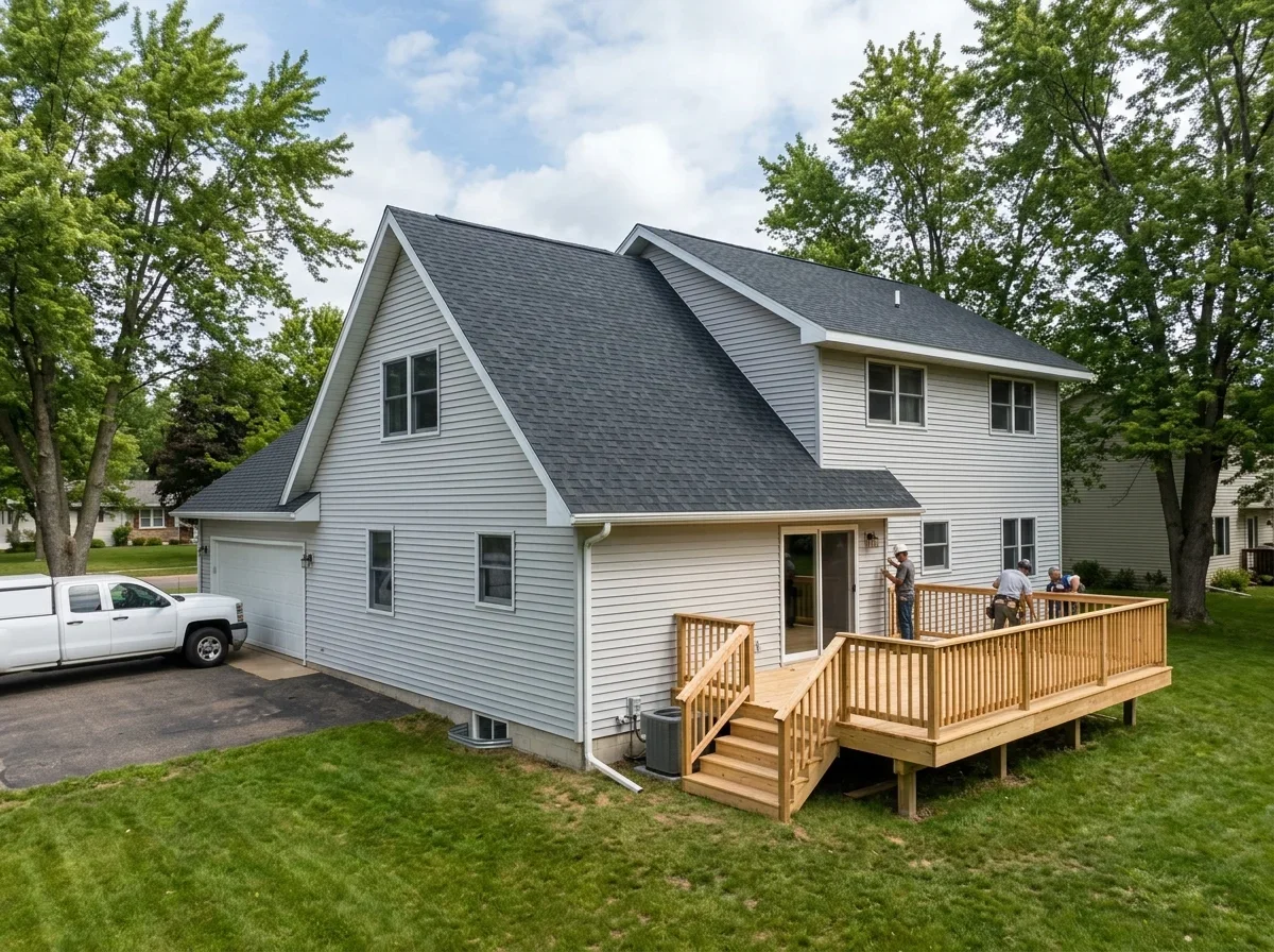 Home exterior with new roof and deck