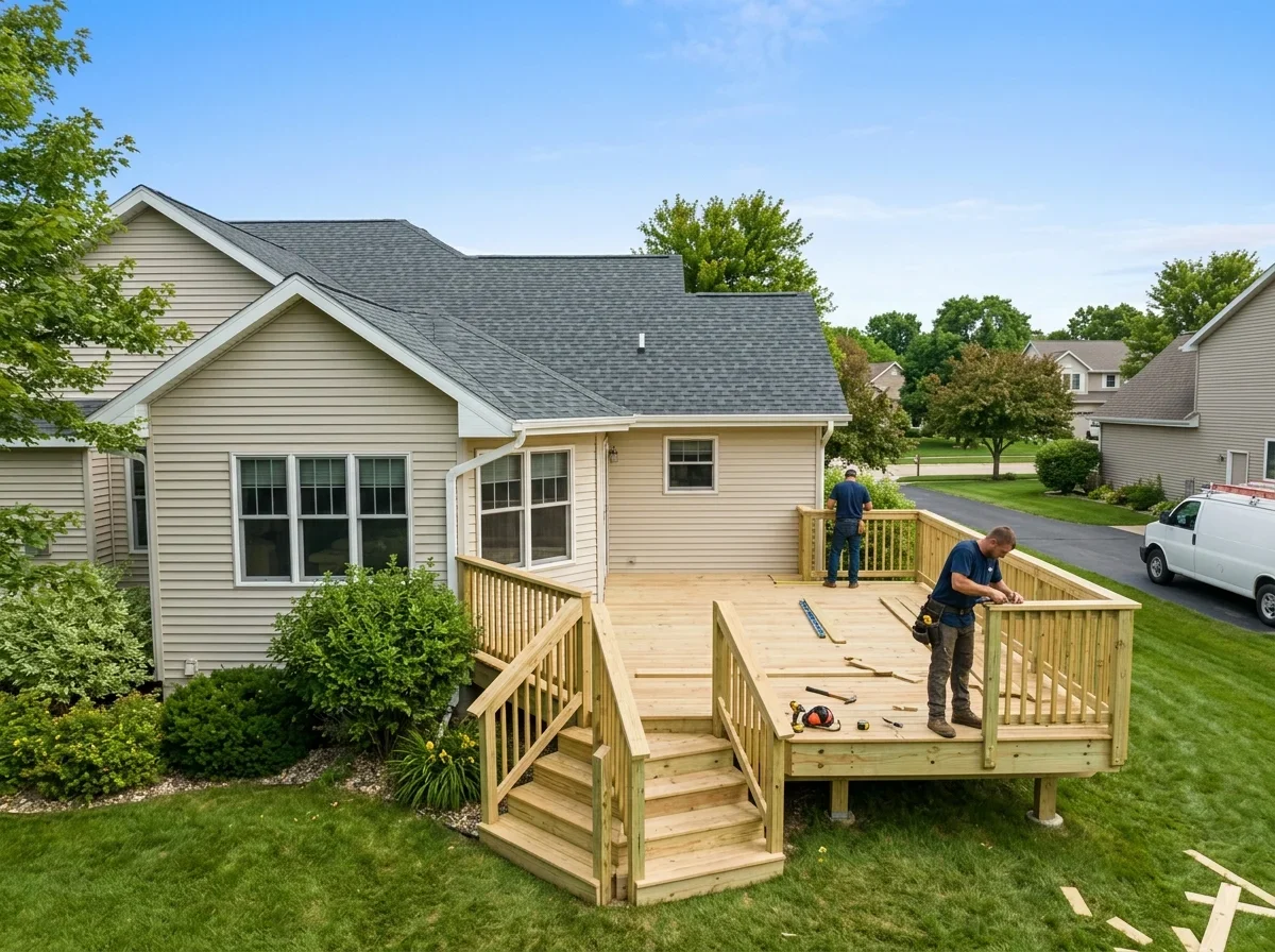 House exterior with new roof and wood deck