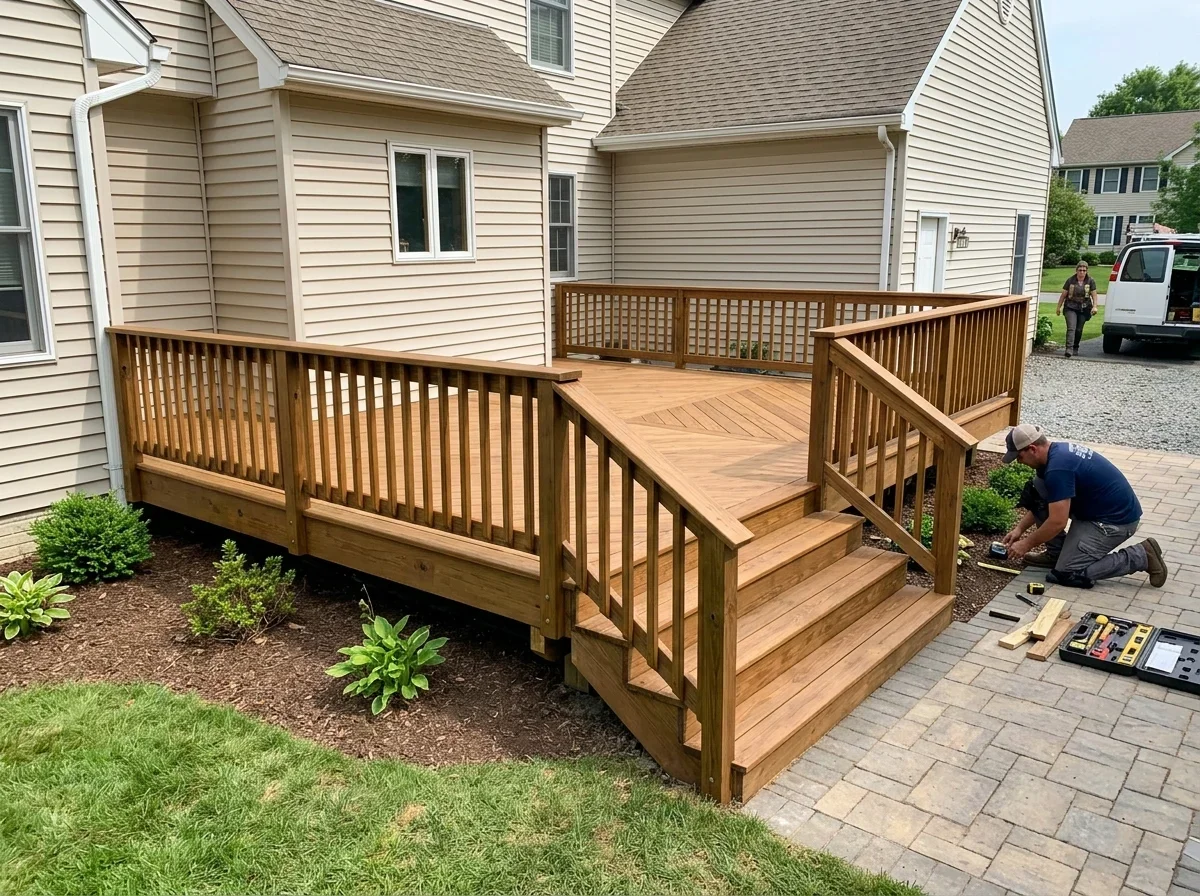Backyard deck with steps beside a house