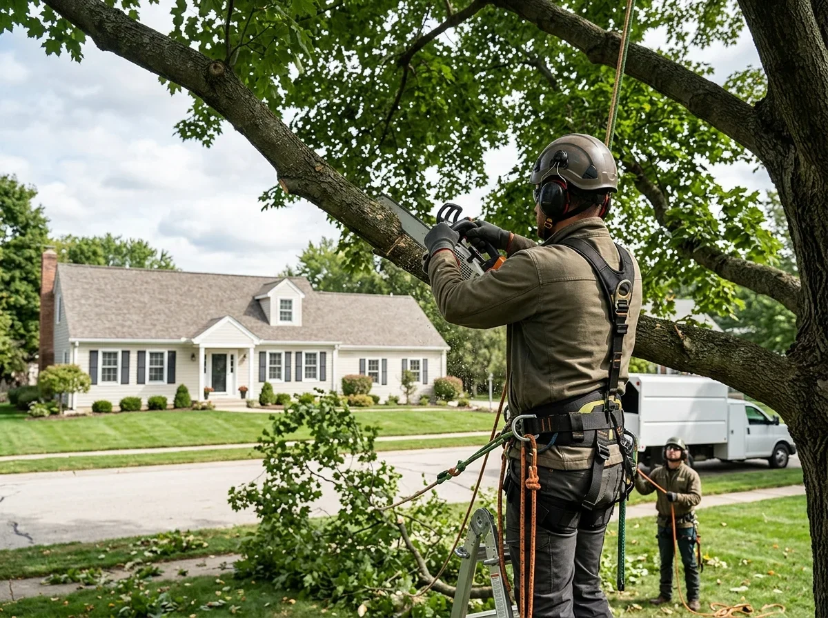Crew member trimming a branch on a yard tree