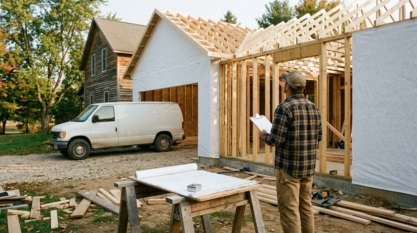 A home addition in its framing, with building plans on a sawhorse