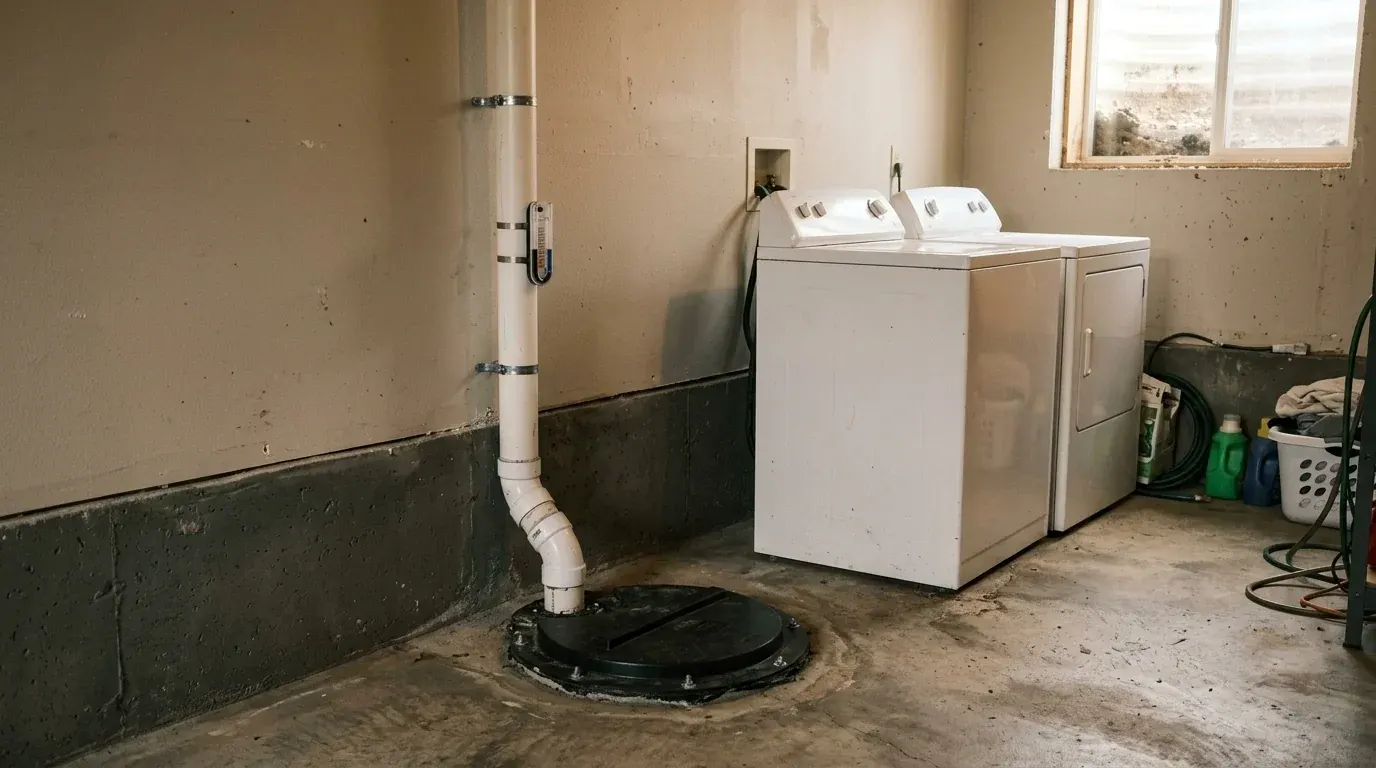 A radon mitigation pipe rising from a sealed basement floor