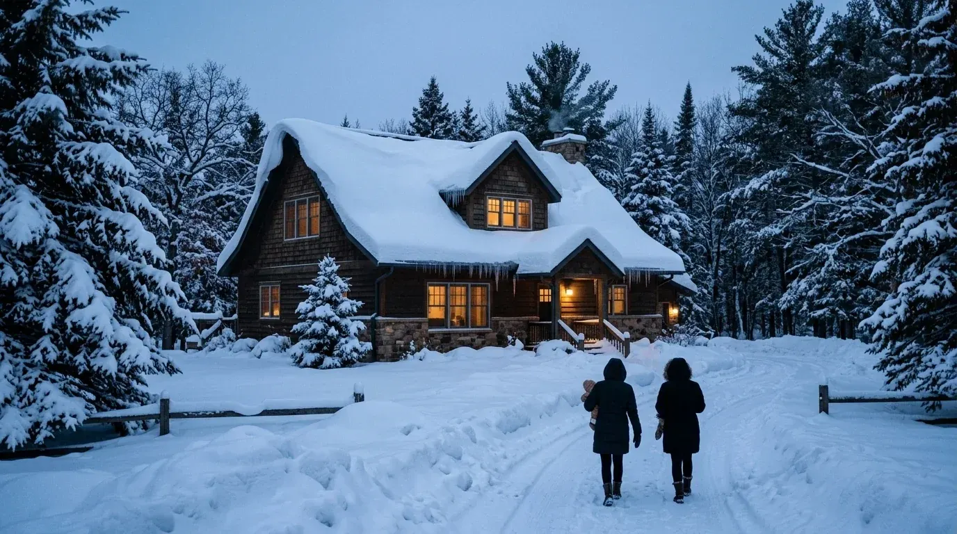 A Wisconsin house in deep winter with a heavy layer of snow on its roof
