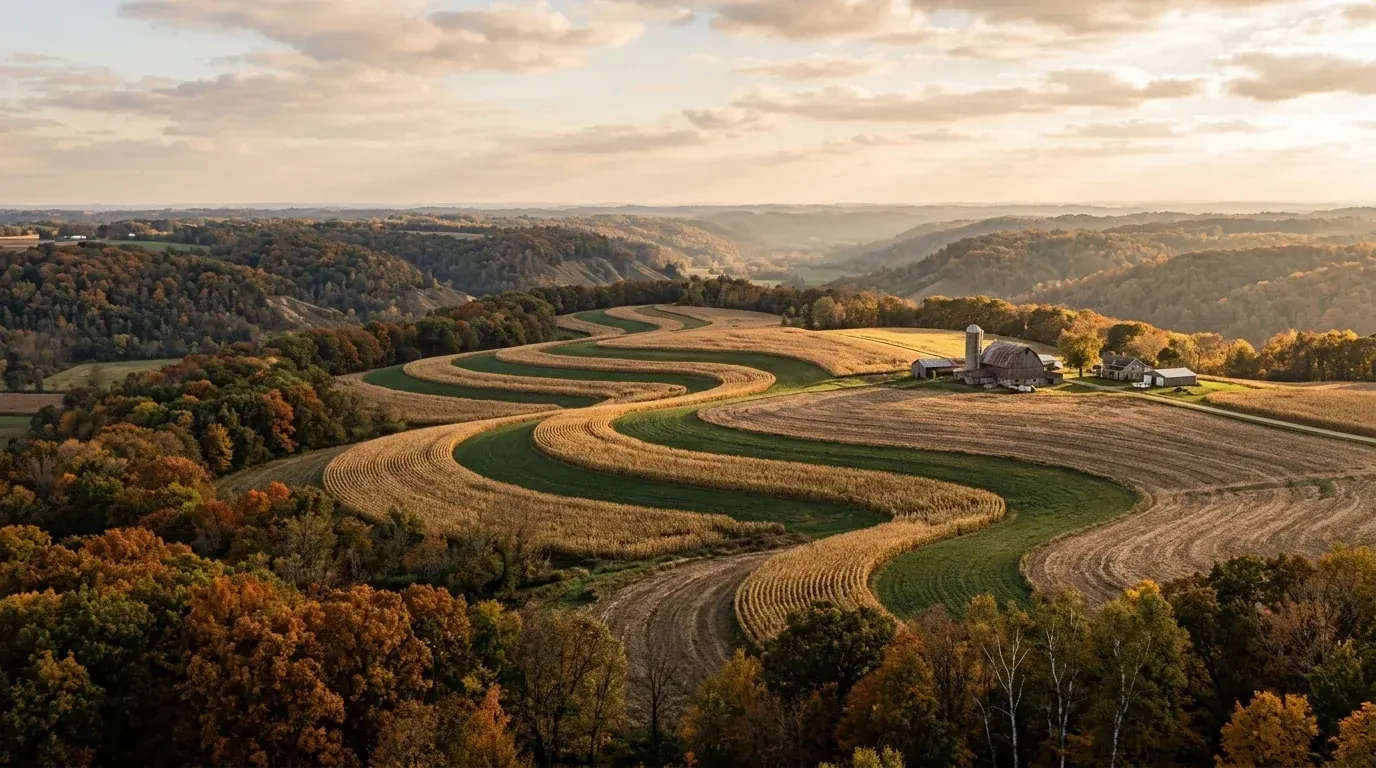 Contour-strip fields curving around a hill in Wisconsin’s Driftless Area at golden hour, with a ridge-top farm and autumn woods
