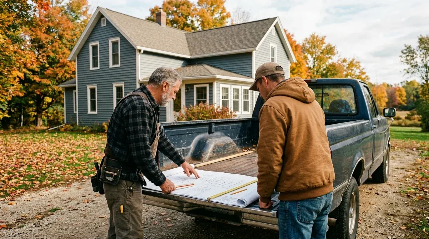 A contractor and a homeowner going over house plans on a pickup tailgate