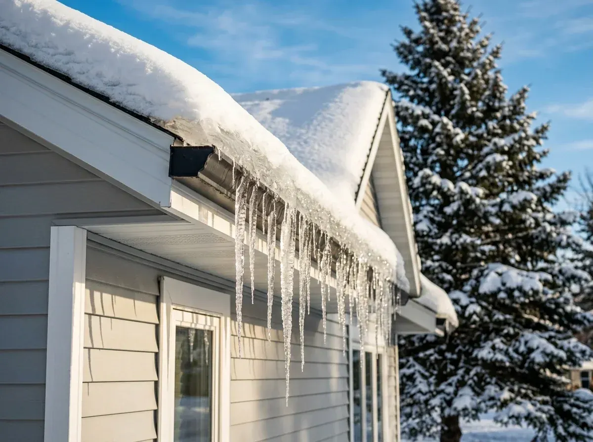 Ice along the eave and icicles hanging from the gutter in January